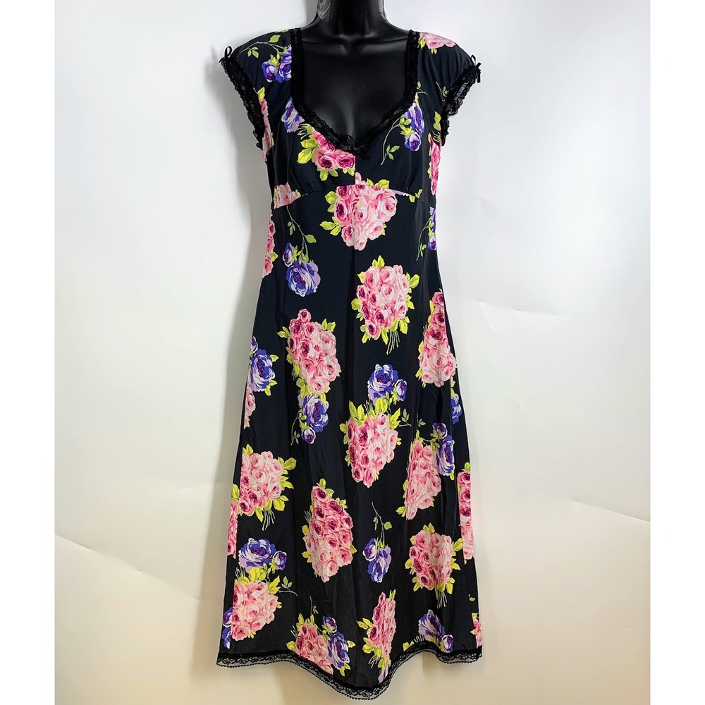 Betsey Johnson Malibu Black Floral Lace Trim Cap Sleeve Midi‎ Dress